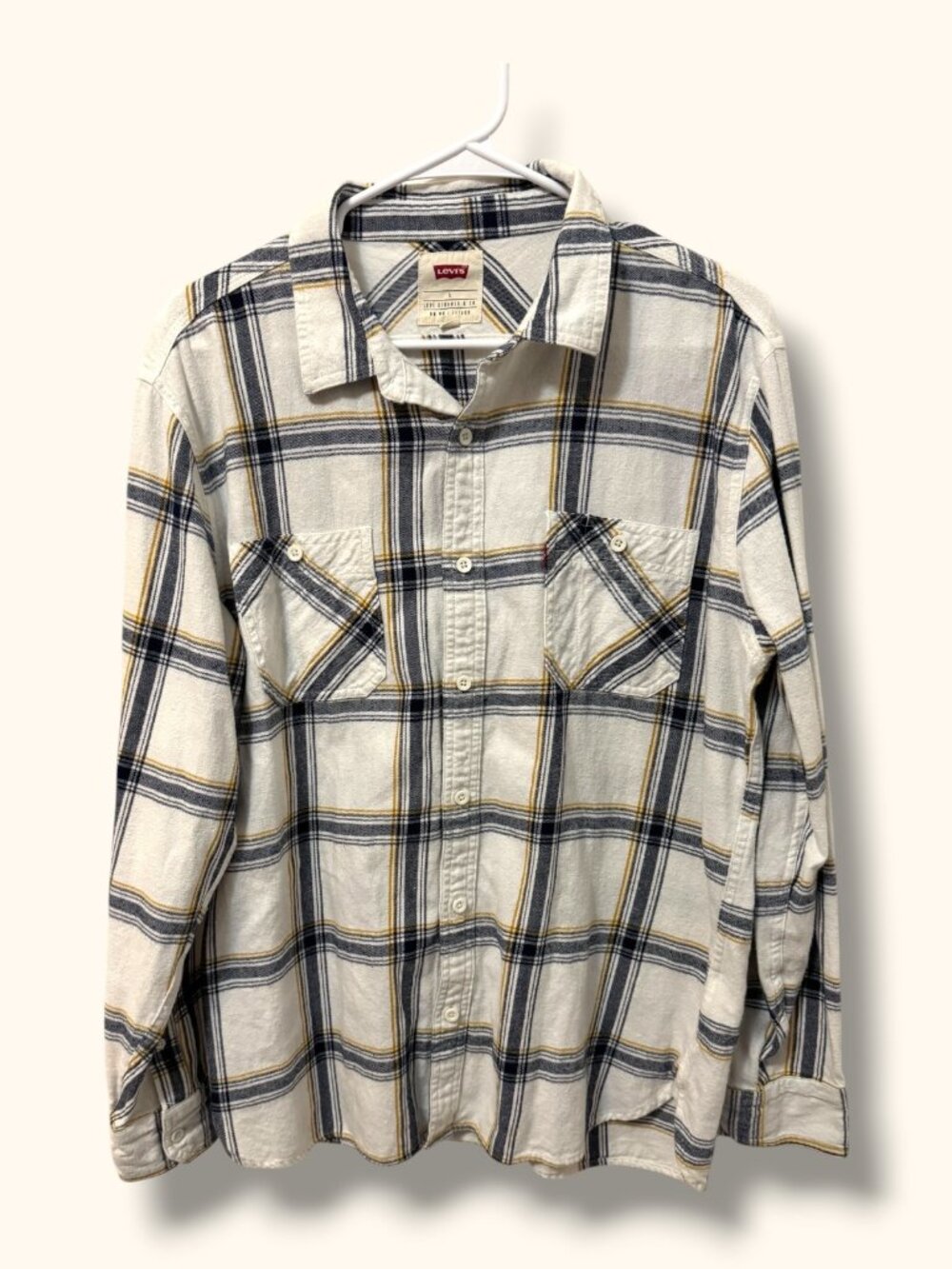 Levis Shirt Mens L White Navy Mustard Plaid Flannel Long Sleeve Button Up